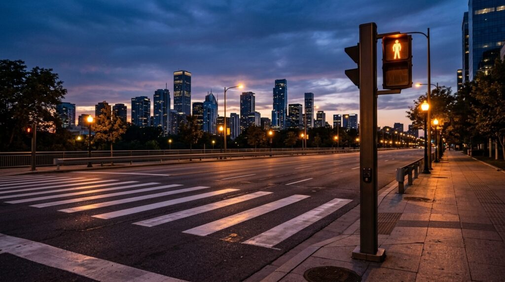 Illustration of an empty marked crosswalk on a wide city street at dusk