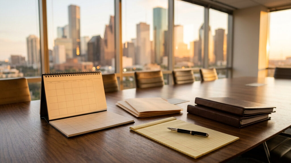 Illustration of a desk calendar, case folders and a legal pad on a conference table, with the downtown Houston skyline through the window