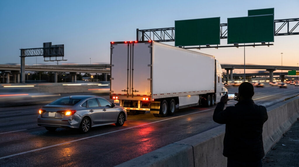 A person photographing a stopped 18-wheeler and a damaged car from a safe distance on a freeway shoulder at dusk