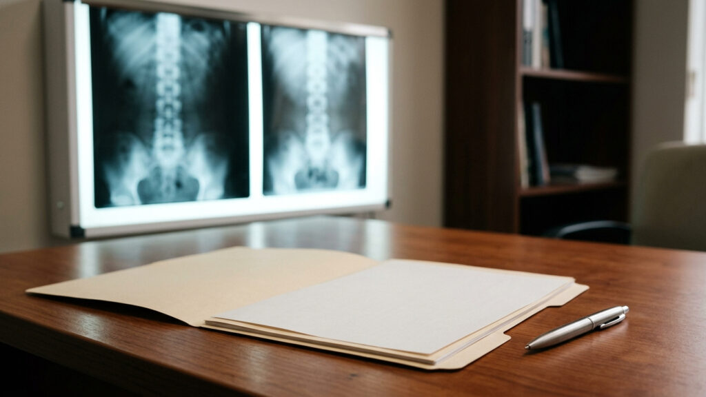 Two spine X-ray films side by side on a light box beside a folder of medical records