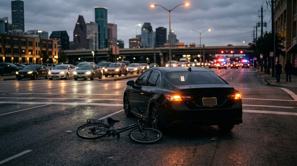 A sedan stopped at a Houston intersection at dusk with a bicycle lying on the pavement nearby and a police car in the distance