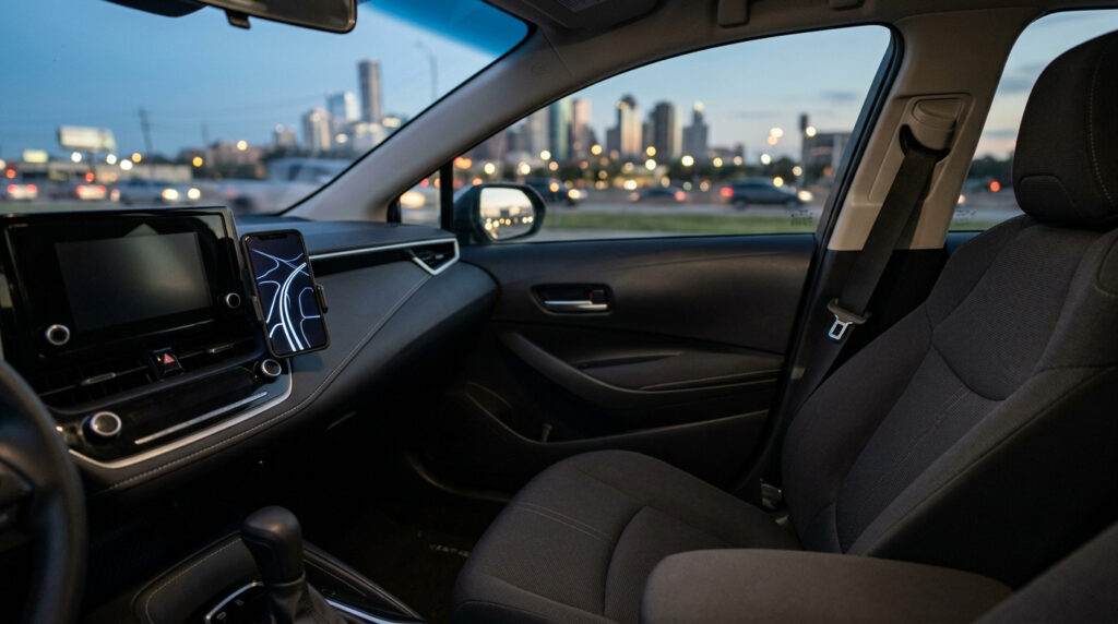 Illustration of a passenger-seat view inside a car at dusk with a dashboard phone mount showing a blank map