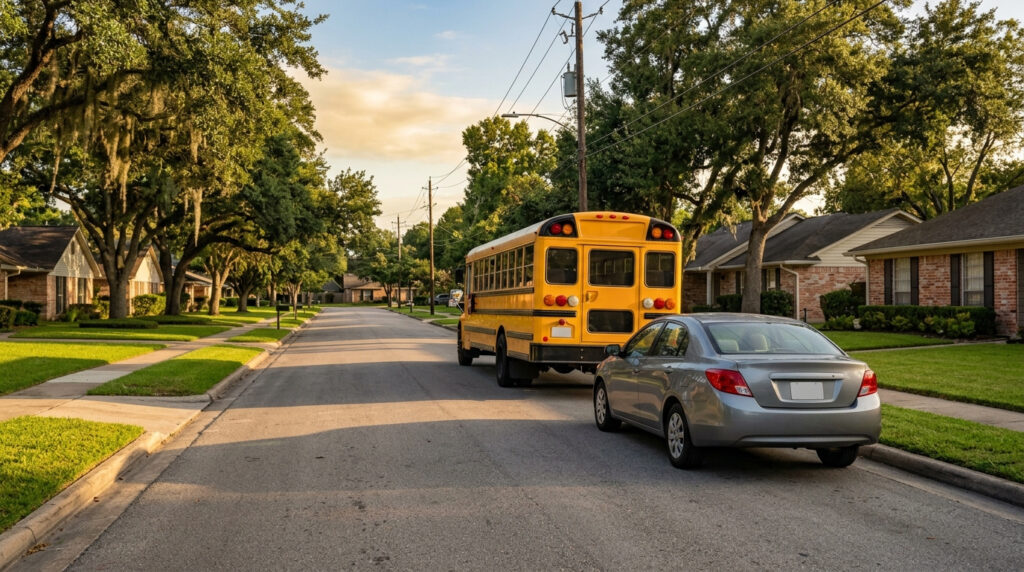 A yellow school bus stopped at a residential street corner with a sedan waiting behind it