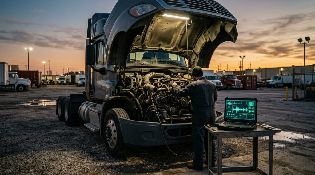 A diagnostic cable connected to a semi-truck's engine computer in a truck yard