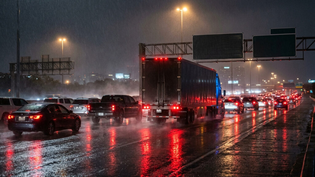 A tractor-trailer with brake lights lit behind stopped cars on a freeway at night