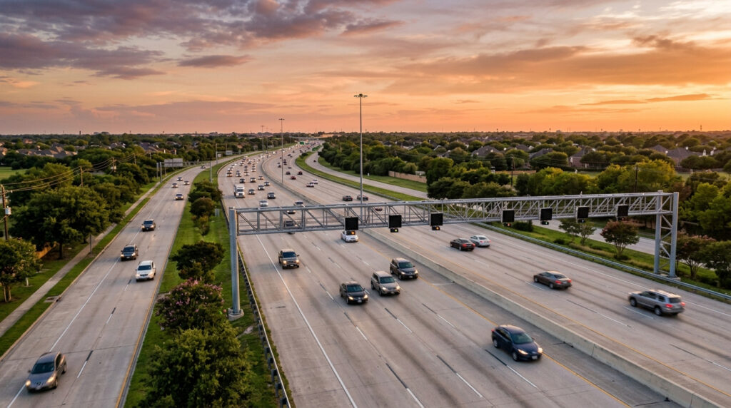 Illustration of State Highway 288 traffic at sunset with suburban rooftops of the Pearland area beyond