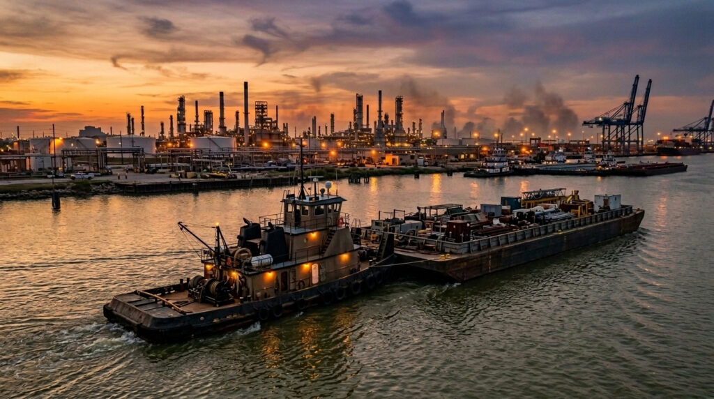 Illustration of a tugboat pushing a barge on a ship channel at dusk, with industrial cranes and storage tanks along the shore