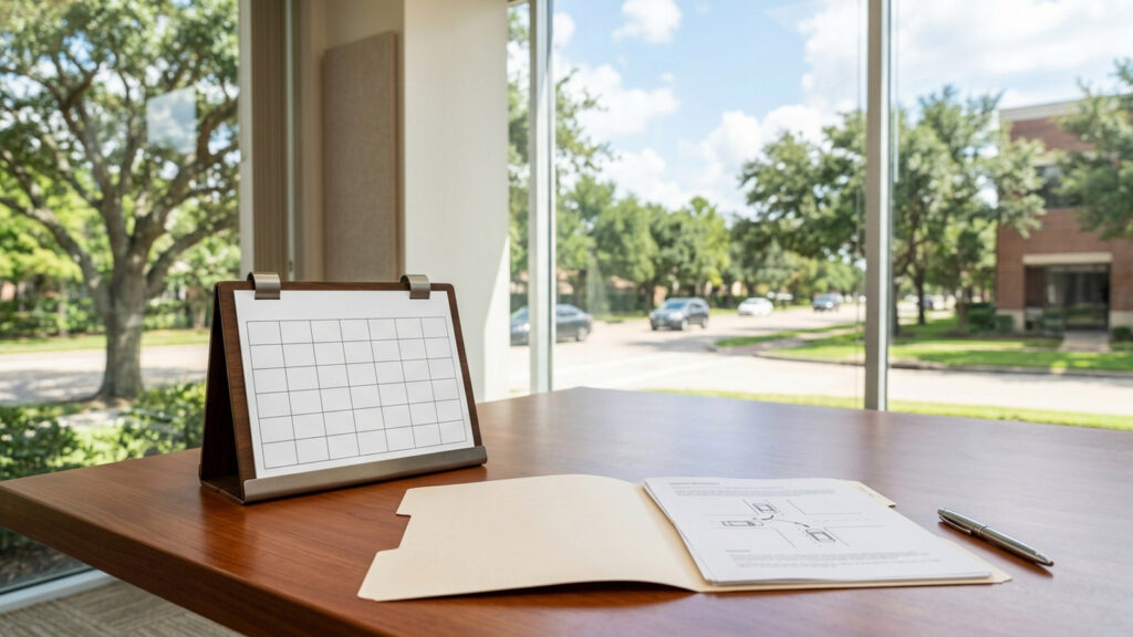 Illustration of a desk calendar, a claim folder and a pen on a conference table beside a window onto a suburban street