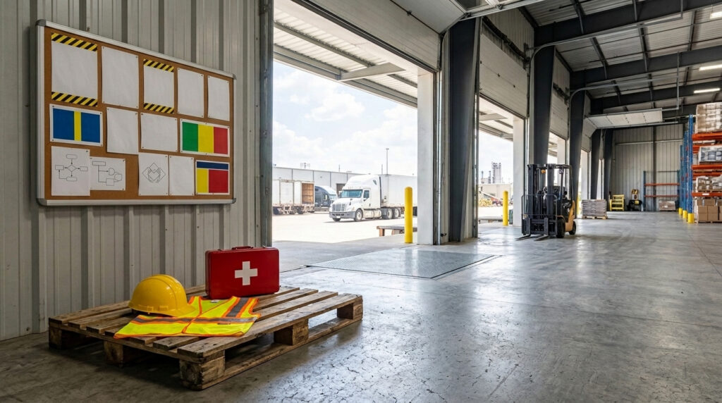 Hard hat, safety vest and first-aid kit on a pallet beside a notice board at a warehouse loading dock