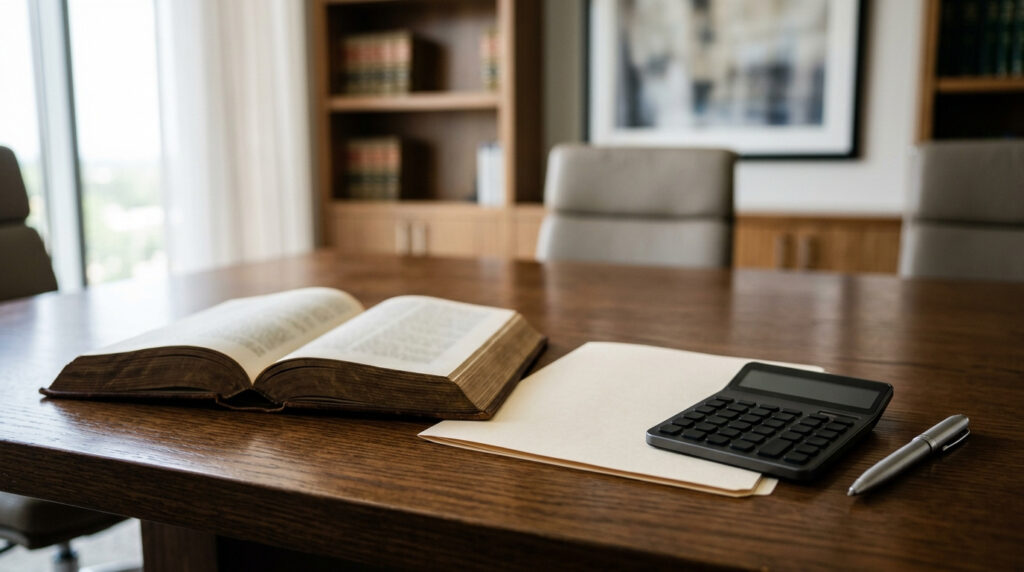 Illustration of a conference table with an open statute book, a claim folder and a calculator, beside a window
