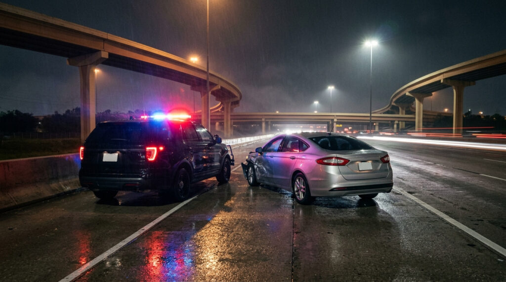 Illustration of a patrol car's emergency lights on a wet Texas freeway shoulder at night beside a damaged sedan