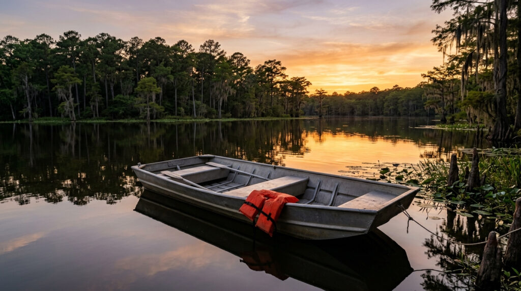 Illustration of a small boat on a calm Texas lake with a life jacket on the seat and a shoreline of pines in the distance