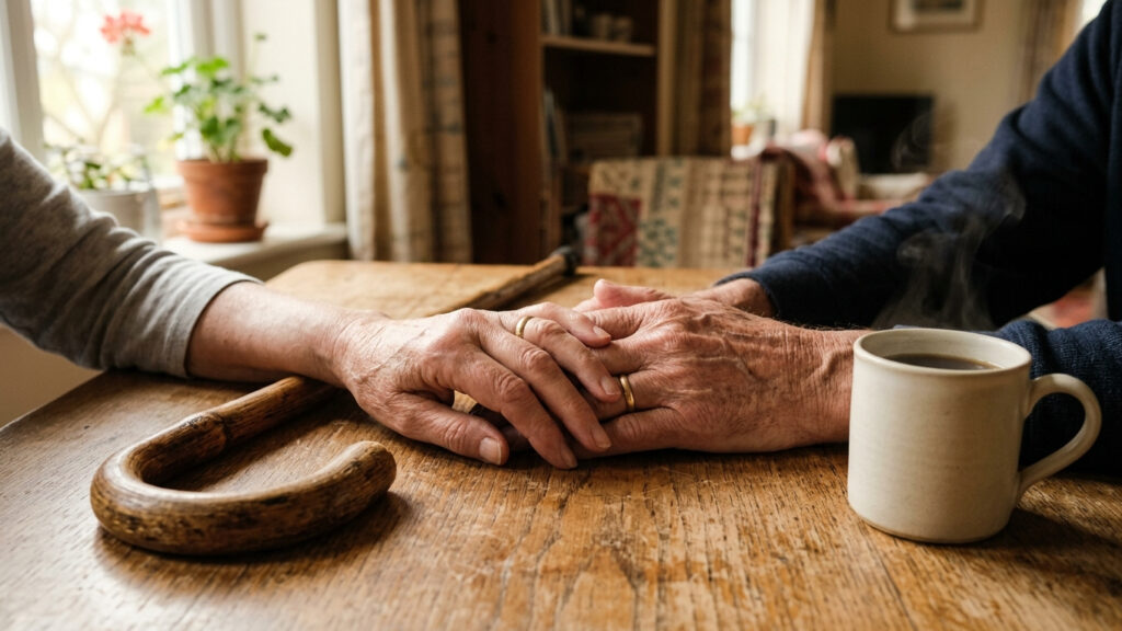 Illustration of two people's hands resting together on a kitchen table beside a cane and a coffee mug