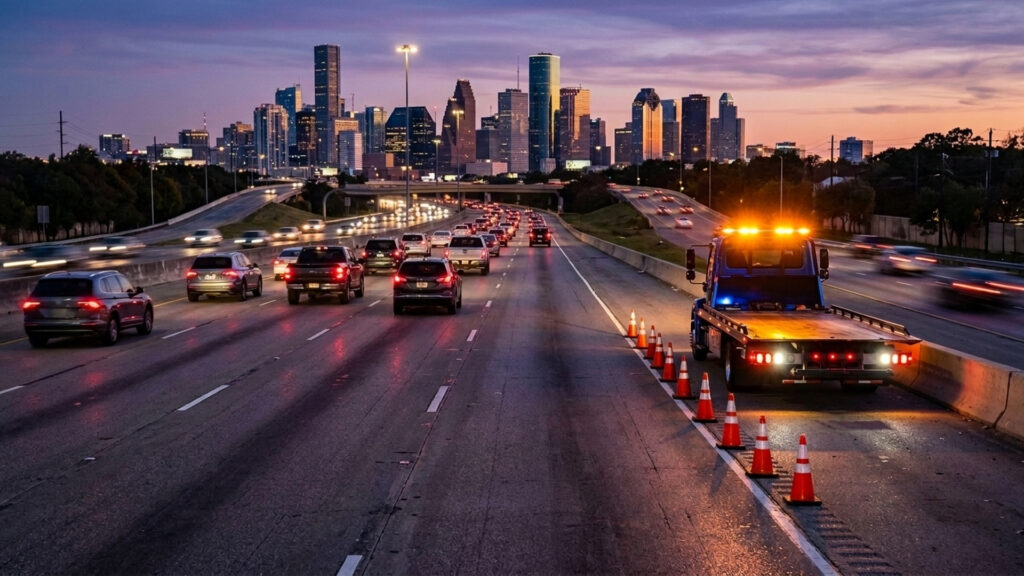 Illustration of a tow truck with amber lights on a freeway shoulder as traffic moves to the far lane