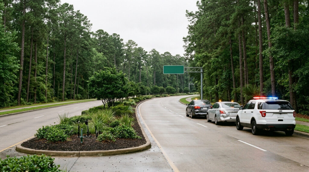 Illustration of two cars stopped on the shoulder of a pine-lined parkway after a collision, with a sheriff's patrol SUV behind them, like Woodlands Parkway in The Woodlands, Texas. Illustration.