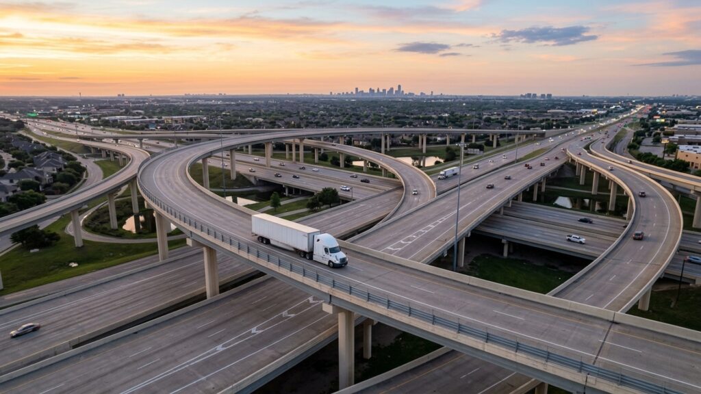 Illustration of a tractor-trailer on a freeway interchange ramp at dawn