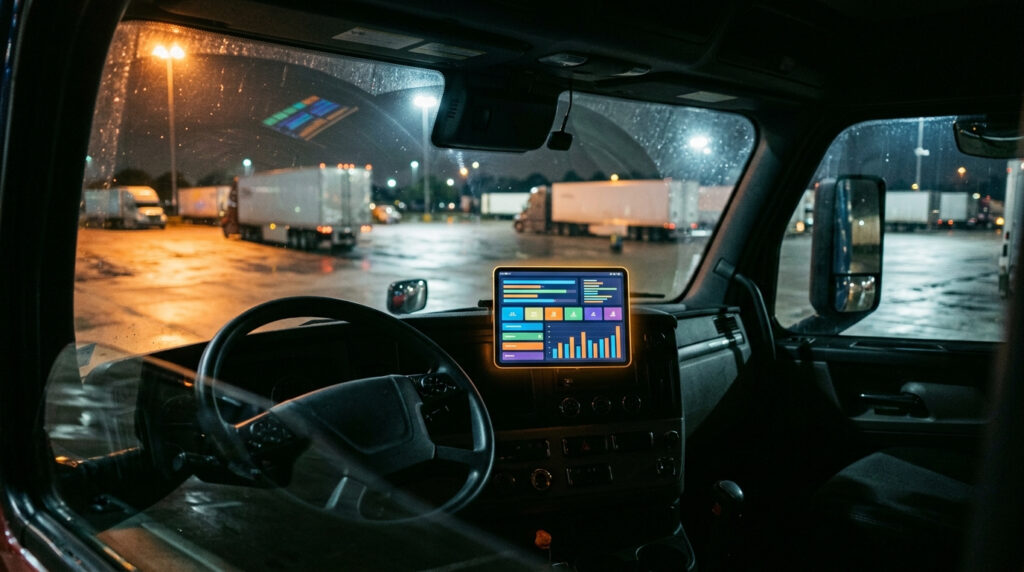 A tractor-trailer parked at night at a truck stop with its dashboard logging device lit