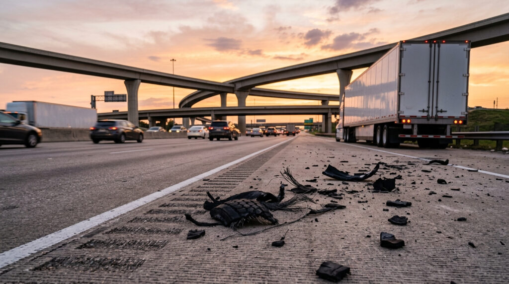 Illustration of shredded truck-tire casing lying on a Houston freeway shoulder with a semi-truck stopped in the distance