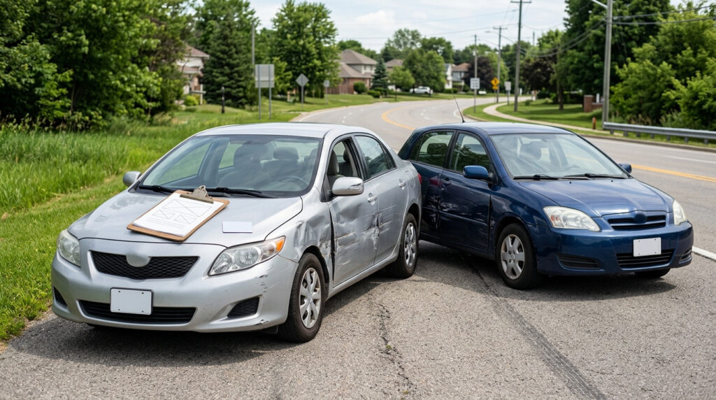 Two cars stopped on a roadside after a collision, with an insurance card and a clipboard on the hood of one