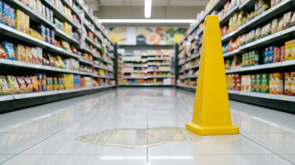 Illustration of spilled liquid on a store aisle floor beside a yellow caution cone