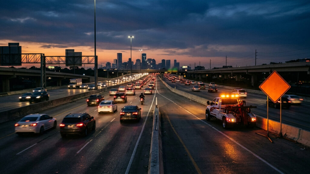Evening traffic on a Houston freeway with a tow truck on the shoulder beside concrete barriers