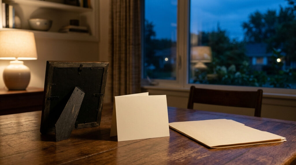 Illustration of a quiet family dining table with a legal folder, a sympathy card and a framed photo facing away from the camera