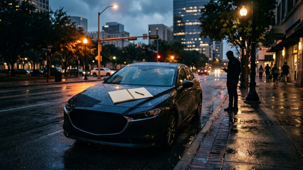 Illustration of a bystander's silhouette beside a parked car on a wet Houston street at dusk, with a notepad on the hood